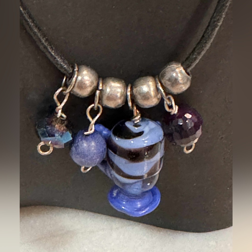 Cord necklace Elegant Blue and Silver Beaded - Picture 2 of 3